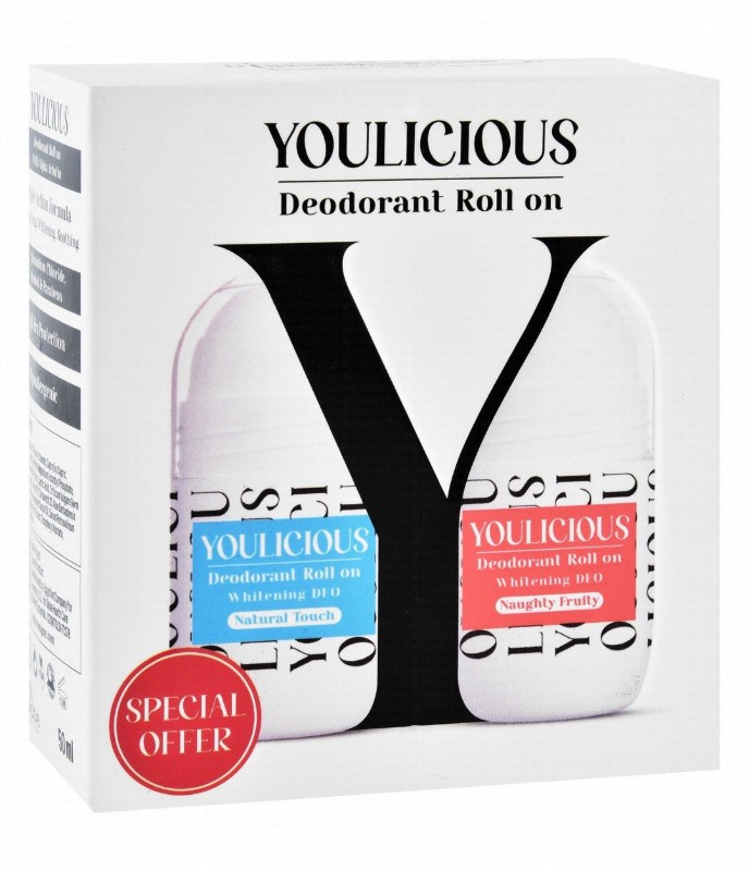 Youlicious 48H Hypoallergenic Whitening Roll-On Deodorant Naughty Fruity Scent & Roll-On Deodorant Natural Touch Scent (Special Offer) - vegan, fragrance free, animal testing free