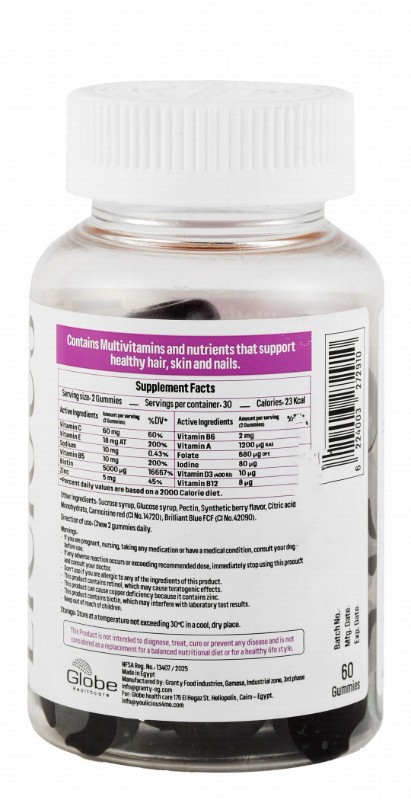 Youlicious 5000mcg Biotin, Folic Acid & Multivitamin Hair, Skin & Nails Health Support Dietary Supplement
