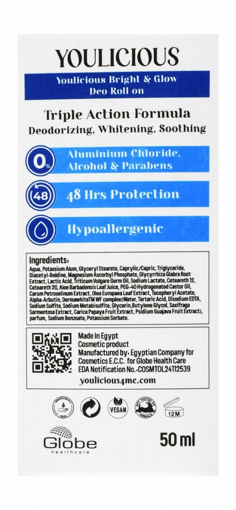 Youlicious Hypoallergenic Brightening & Glowing Roll-On Deodorants with Dermawhite WF Complex - vegan, alcohol free, parabens free
