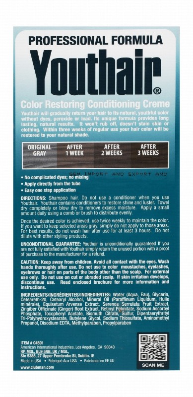 Youthair Color Restoring Conditioning Cream for Men - lead free, dyes free, peroxide free