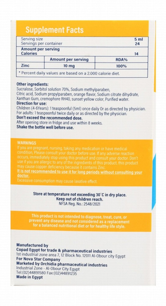 Zincomist 10mg Zinc Supplement Syrup Orange Flavor - sugar free