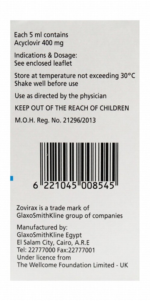 Zovirax Double Strength 400mg/5ml Acyclovir Oral Suspension