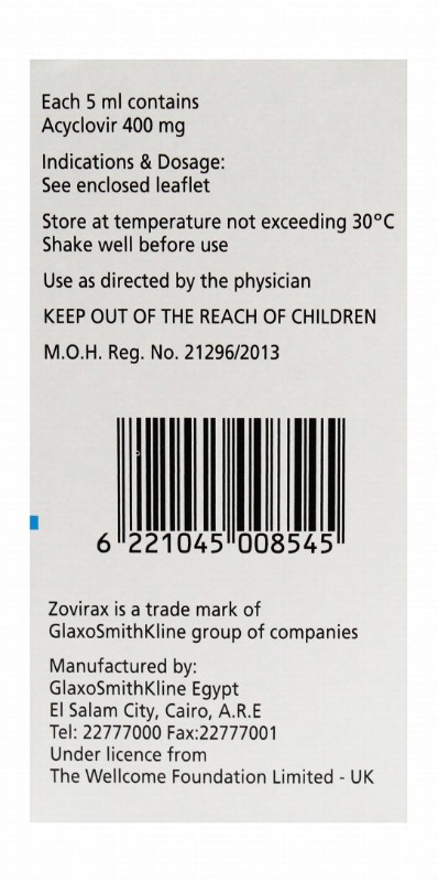 Zovirax Double Strength 400mg/5ml Acyclovir Oral Suspension